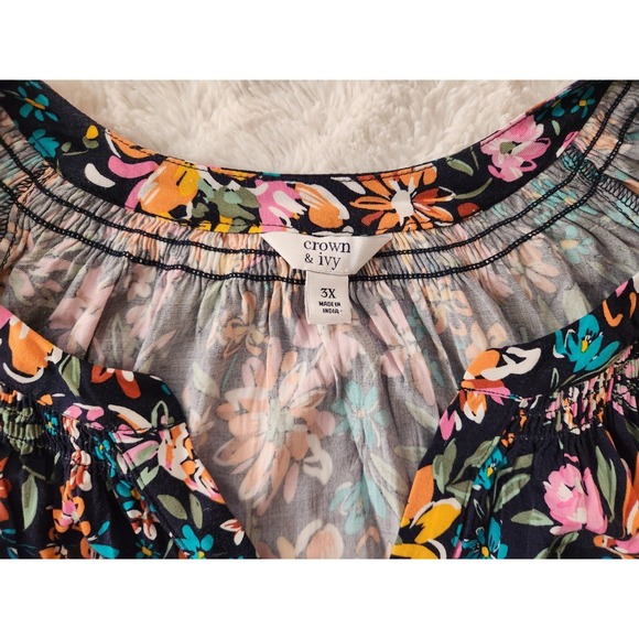 Crown & Ivy V Neck Puff Sleeve Multicolored Floral Blouse Womens Plus 3X - Picture 5 of 8